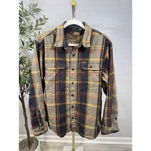 Orvis Shirt Mens Large Brown Plaid Heavy Flannel Side Pockets Shacket